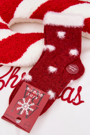 Chaussettes de Noël pour enfants avec des cœurs et de la fourrure, en laine, rouges 2