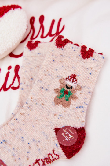 Chaussettes de Noël pour enfants avec ours en peluche et cœurs, en laine d'alpaga, couleur sable