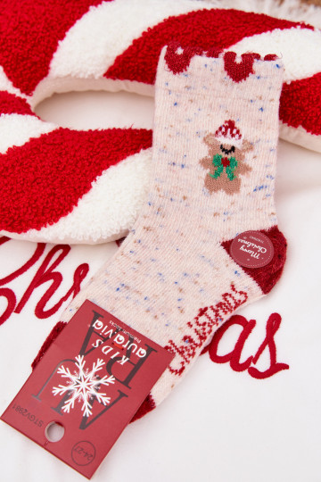 Chaussettes de Noël pour enfants avec ours en peluche et cœurs, en laine d'alpaga, couleur sable 2