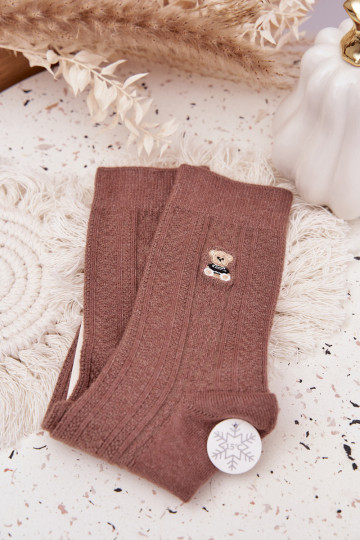 Chaussettes en laine pour femmes avec ours en peluche, couleur marron