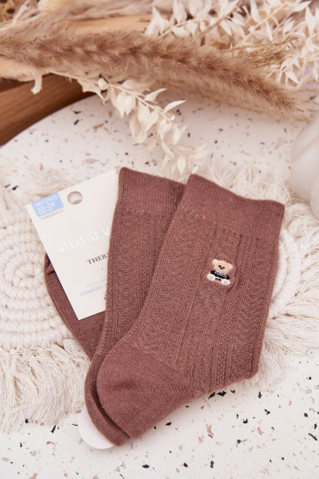 Chaussettes en laine pour femmes avec ours en peluche, couleur marron 2