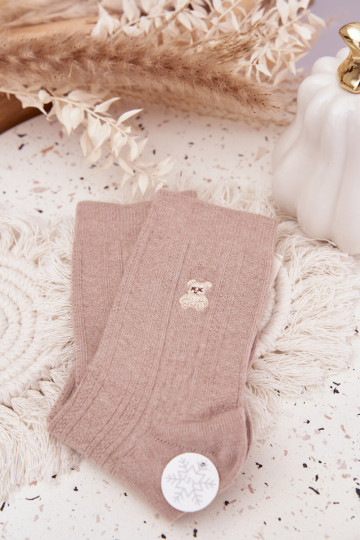 Chaussettes en laine pour femmes avec ours en peluche, couleur sable