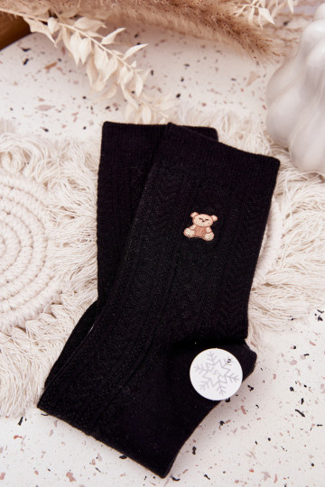 Chaussettes en laine pour femmes avec ours en peluche, couleur noire