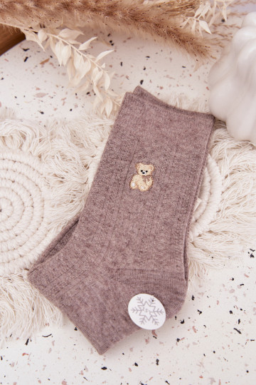 Chaussettes en laine pour femmes avec ours en peluche, couleur sable