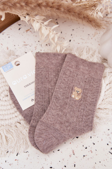 Chaussettes en laine pour femmes avec ours en peluche, couleur sable 2