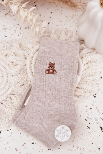 Chaussettes en laine pour femmes avec ours en peluche, couleur grise