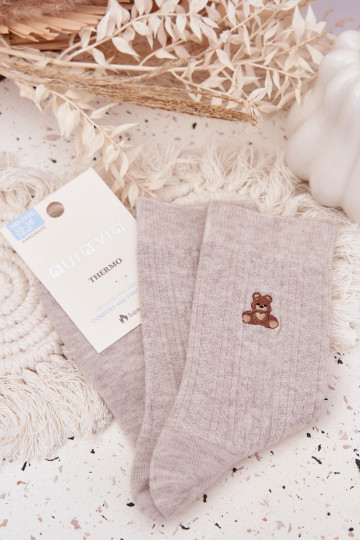 Chaussettes en laine pour femmes avec ours en peluche, couleur grise 2
