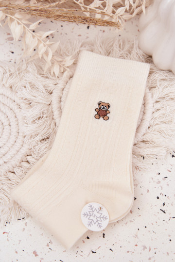 Chaussettes en laine pour femmes avec ours en peluche, couleur ivoire