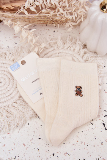 Chaussettes en laine pour femmes avec ours en peluche, couleur ivoire 2