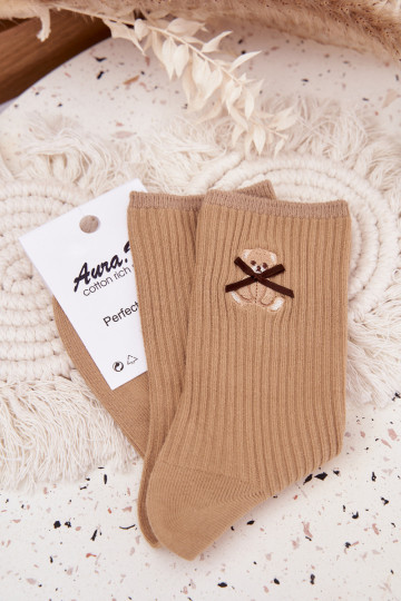 Chaussettes en coton à rayures avec ours couleur brune 2