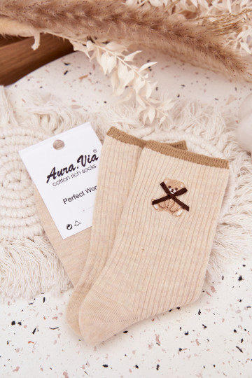 Chaussettes en coton avec des bandes Avec l ours beige 2
