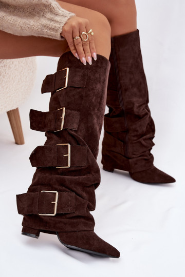 bottes pour femmes avec des talonsDANSyÀiniętą CholeÀką I couleur doréemi avec bouclesmi en daim écologiqueoÀe CzekoladoÀe Isave