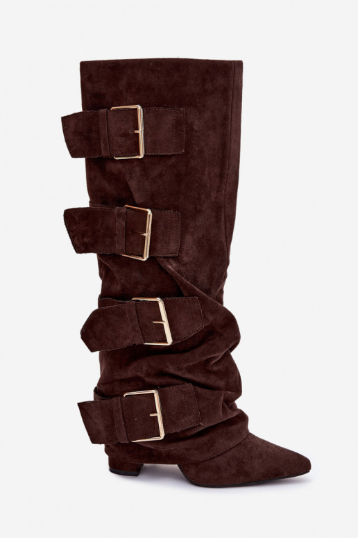 bottes pour femmes avec des talonsDANSyÀiniętą CholeÀką I couleur doréemi avec bouclesmi en daim écologiqueoÀe CzekoladoÀe Isave