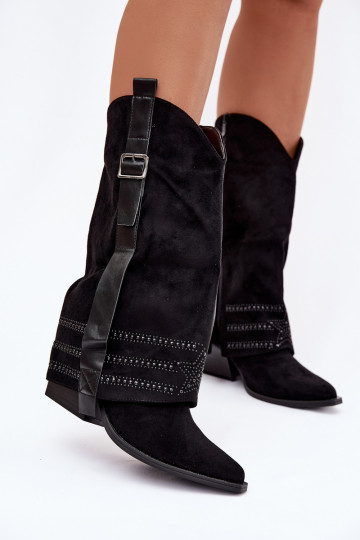 Bottes longues noires style cowboy pour femmes avec décoration et boucles Camilora 2