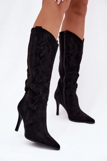 Bottes longues noires style cowboy pour femmes avec talons fins en suède synthétique Belonia