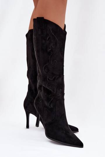 Bottes longues noires style cowboy pour femmes avec talons fins en suède synthétique Belonia 2