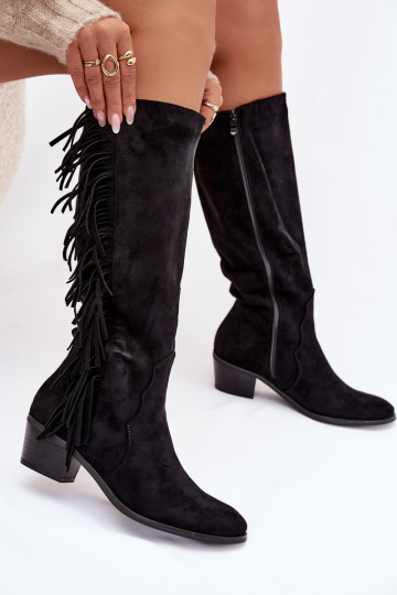 Bottes longues noires style cowboy pour femmes avec talons et franges Firlina