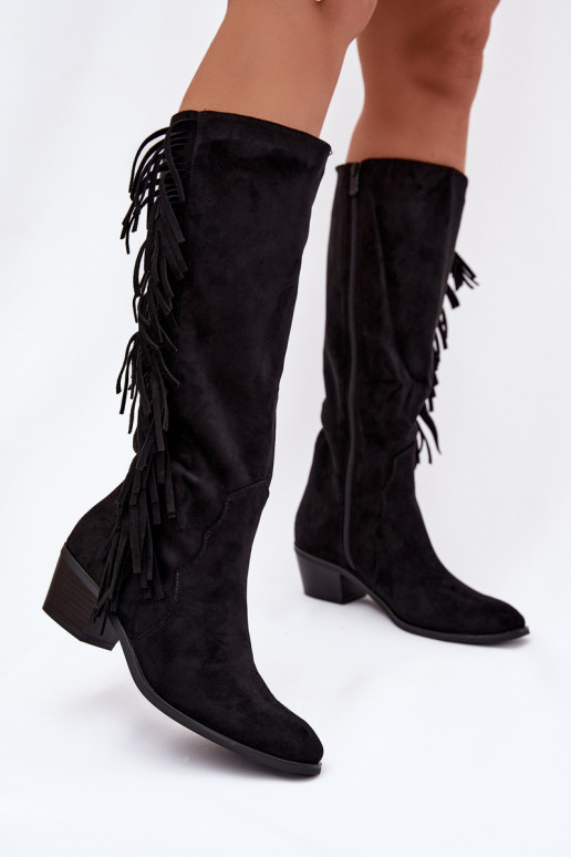 bottes style coÀ-boy Féminin avec des talons avec des franges réchauffer couleur noire Firlina