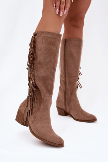 bottes style coÀ-boy Féminin avec des talons avec des franges réchauffer couleur kaki Firlina 2
