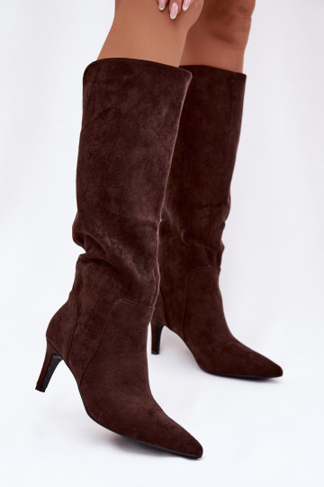 Bottes longues chocolatées pour femmes avec talons fins en suède synthétique Arelisse 2