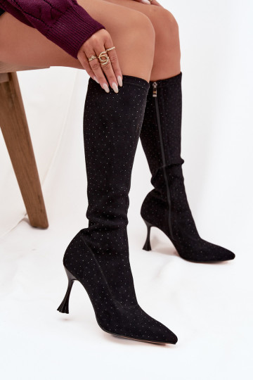 Bottes hautes pour femmes avec talons fins et décoration D&A JC52-883 noires