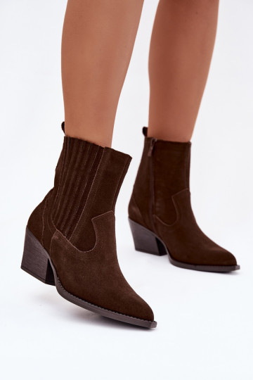 Bottes de style cowboy en daim couleur chocolat pour femmes avec talons, fourrées Dylira 2