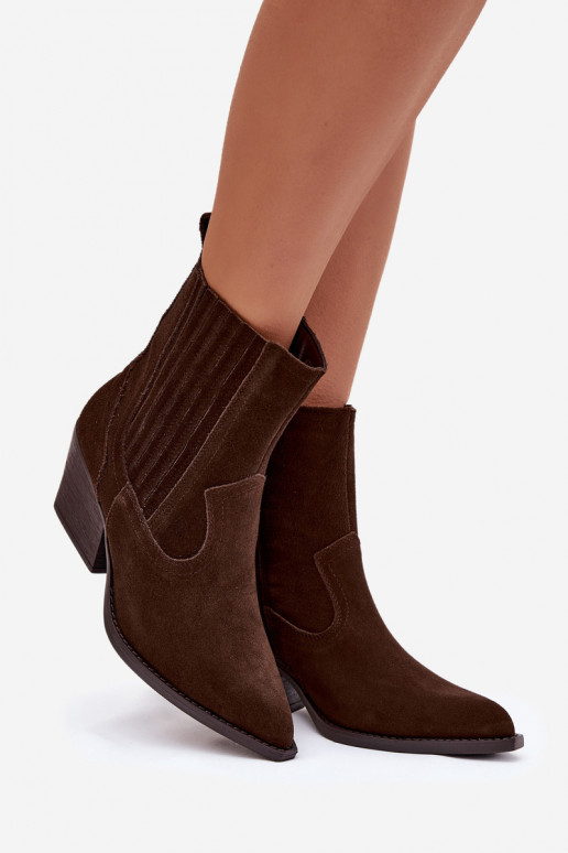 Bottes de style cowboy en daim couleur chocolat pour femmes avec talons, fourrées Dylira