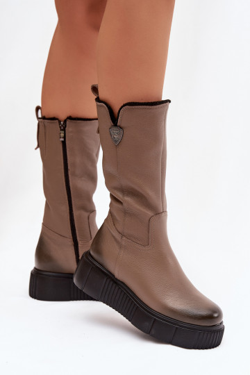 Bottes à tige haute en cuir pour femmes Zazoo 70121 avec laine couleur sable 2