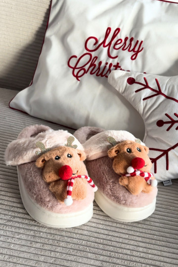 Chaussons de Noël pour femmes avec des rennes et de la fourrure, couleur sable Ilianne