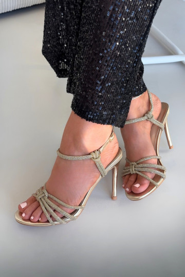 Sandales dorées pour femmes avec talons fins, lanières et zircon Tanelle