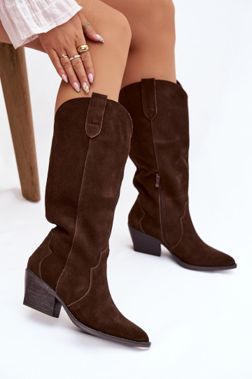 Bottes montantes en cuir suédé style cow-boy pour femmes doublées couleur chocolat Urselle