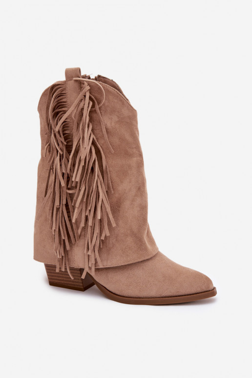 Bottines pour femmes chaki de style cowboy avec des franges et des talons Gralina