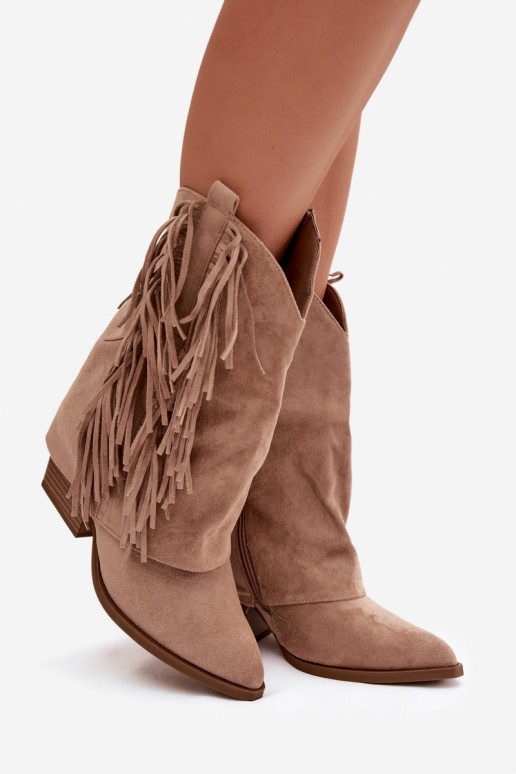 Bottines pour femmes chaki de style cowboy avec des franges et des talons Gralina