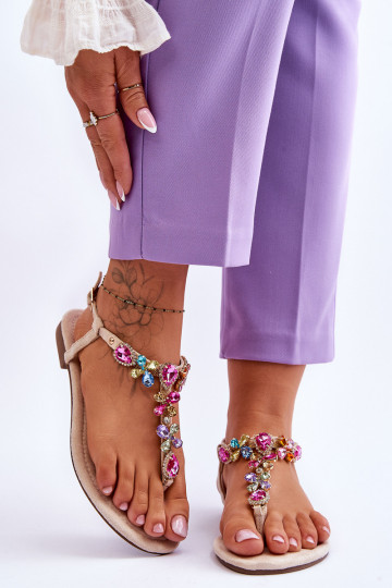 Sandales en daim Chaussons avec décoration de galets beige Frency