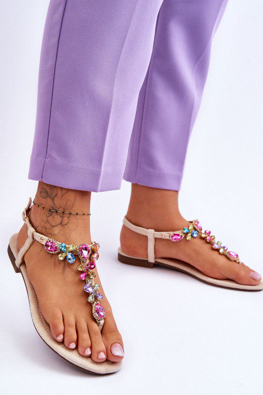 Sandales en daim Chaussons avec décoration de galets beige Frency