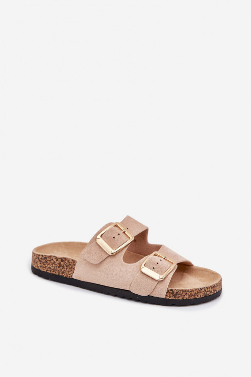 Pantoufles pour femmesen daim écologiqueu couleur dorée avec boucles beige Vorella