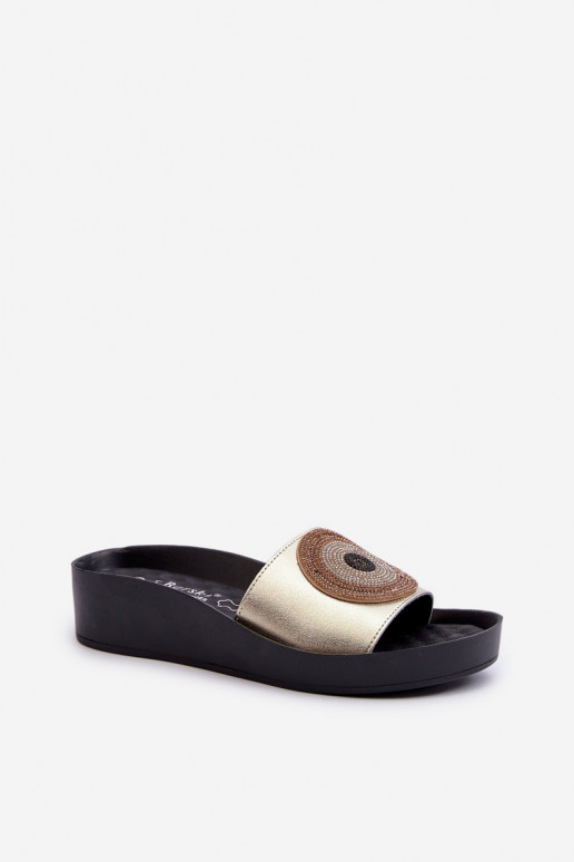 Pantoufles en cuir Féminin avec des ornements S.Barski KV27-019 couleur dorée