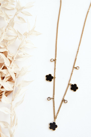 Collier féminin en maillons avec fleurs noires couleur or