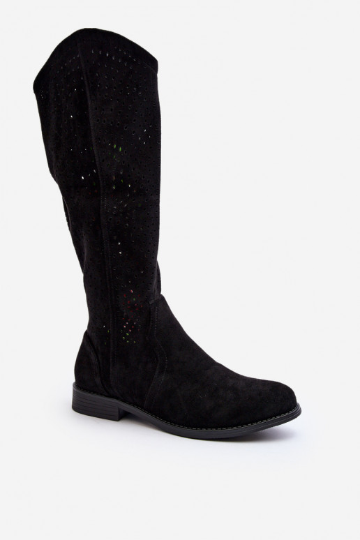 S.Barski HY66-150 avec des éléments ajourés bottes avec des talons larges couleur noire