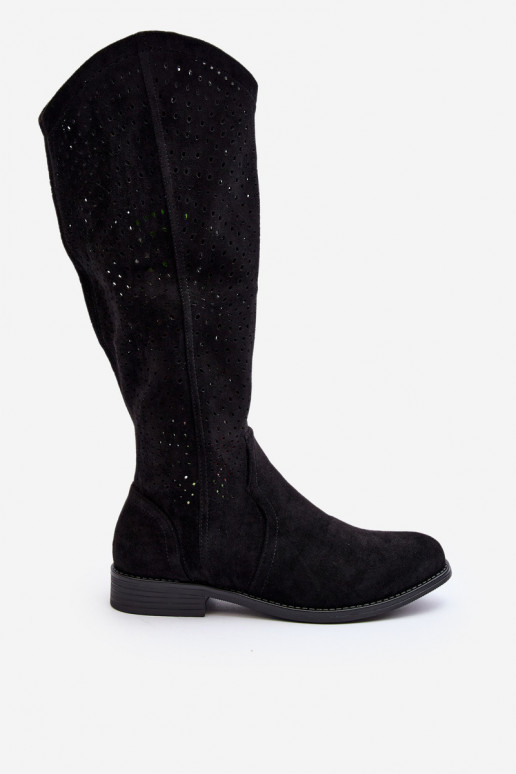 S.Barski HY66-150 avec des éléments ajourés bottes avec des talons larges couleur noire