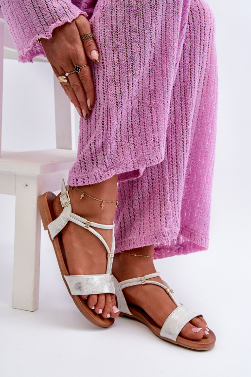 Féminin Sandales plates avec des bandes S.Barski KV27-010 Blanc-couleur argent