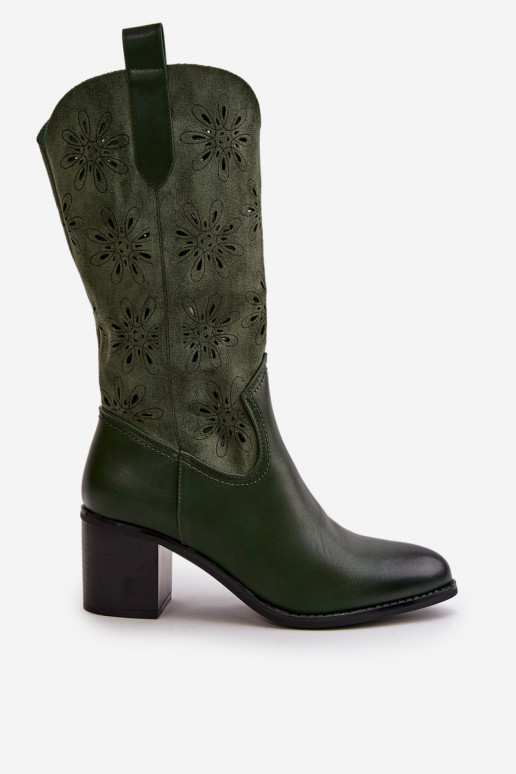 Féminin avec des éléments ajourés bottes Mi-molleten daim écologiqueu couleur verte Nevilos