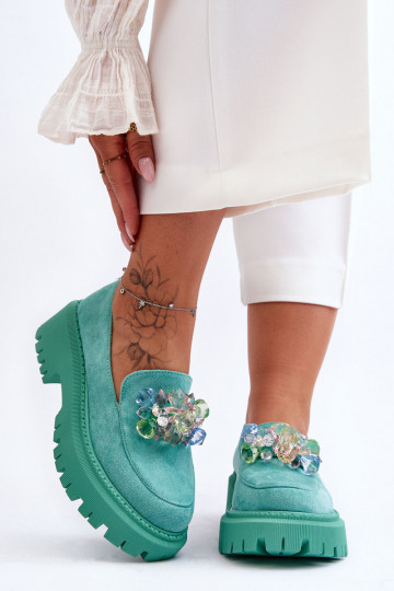 Mocassins pour femmes avec cristaux artificiels couleur verte Avril 2
