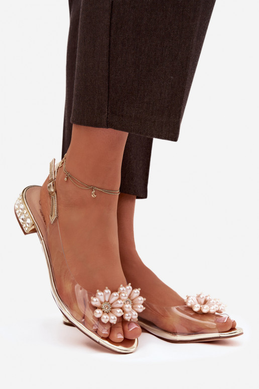 Voir à travers des sandales Sur un talon bas Avec des décorationsi Detalami D&A MR52-229 couleur dorée