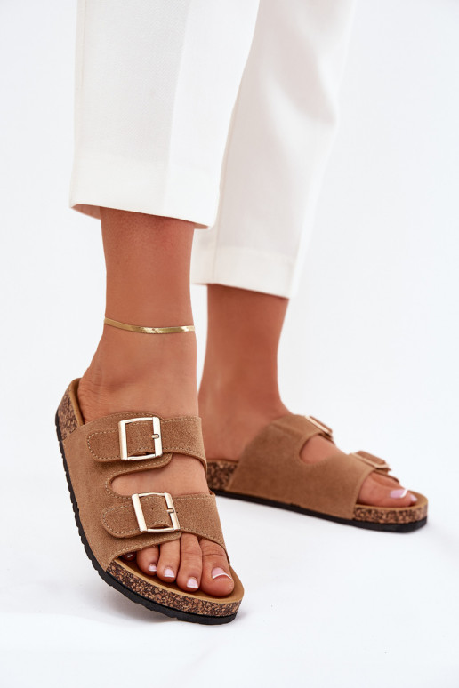 Pantoufles pour femmes Ze couleur doréemi avec bouclesmi I Przeszyciami marron Lunera