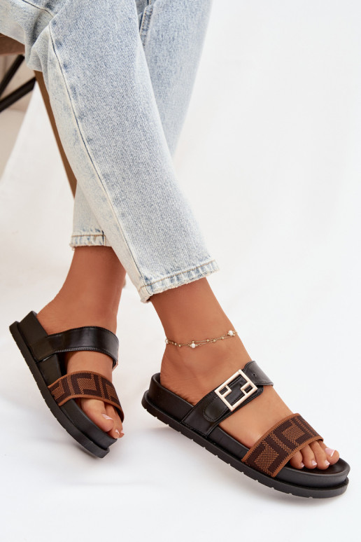 Chaussons pour femmes avec boucles dorées, couleur noire