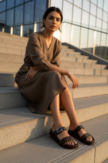 Chaussons pour femmes avec boucles dorées, couleur brune 2