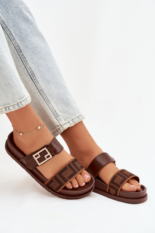 Chaussons pour femmes avec boucles dorées, couleur brune