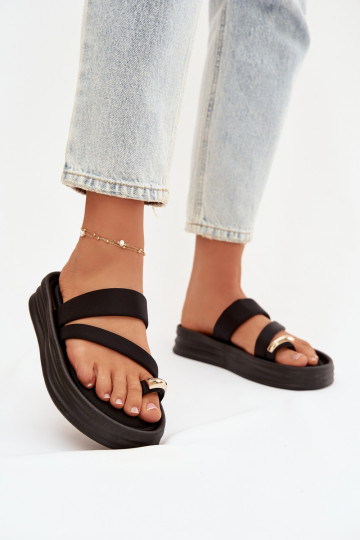  Pantoufles pour femmes avec des bandes I couleur doréem Detalem couleur noire Farielle 2