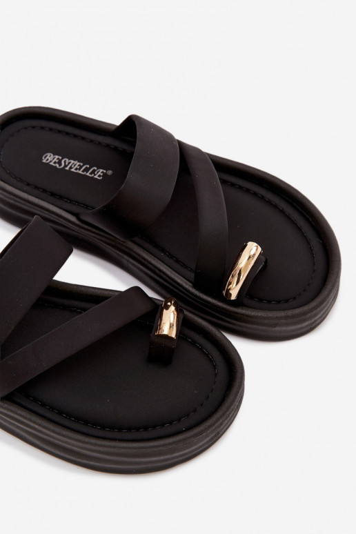  Pantoufles pour femmes avec des bandes I couleur doréem Detalem couleur noire Farielle